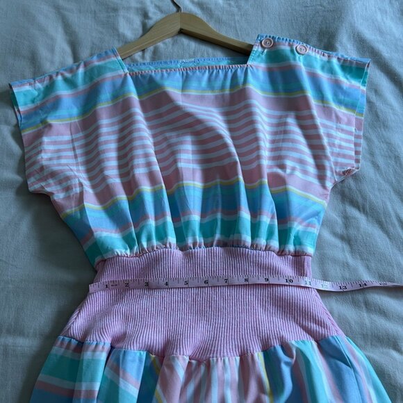 Vintage Pastel Rainbow Striped Midi Dress With Elastic Waist & Button Details - Picture 5 of 7
